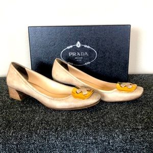 “Prada” gray block heel pumps gold toe plate